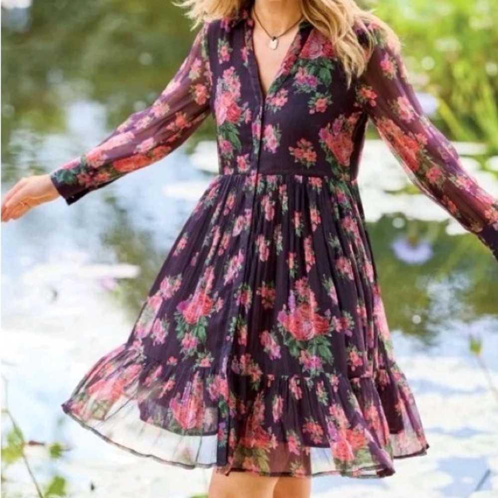 Sundance Floral Long Sleeve Babydoll Dress Sz Large Petite